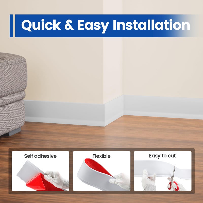 Muzata 4 Inch x 20 Feet Flexible Baseboard Trim Peel and Stick Baseboard Molding White Rubber Vinyl Molding Self-Adhesive Floor Trim SB03 - Image 3
